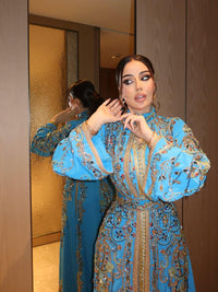 Turquoise Crepe Moroccan Kaftan Gold Embroidery | Luxury Wedding Guest Dress | Custom Arabic Caftan