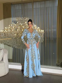 Sky Blue Embroidered Kaftan Dress, Luxury Beaded Evening Gown, Handmade Moroccan Caftan