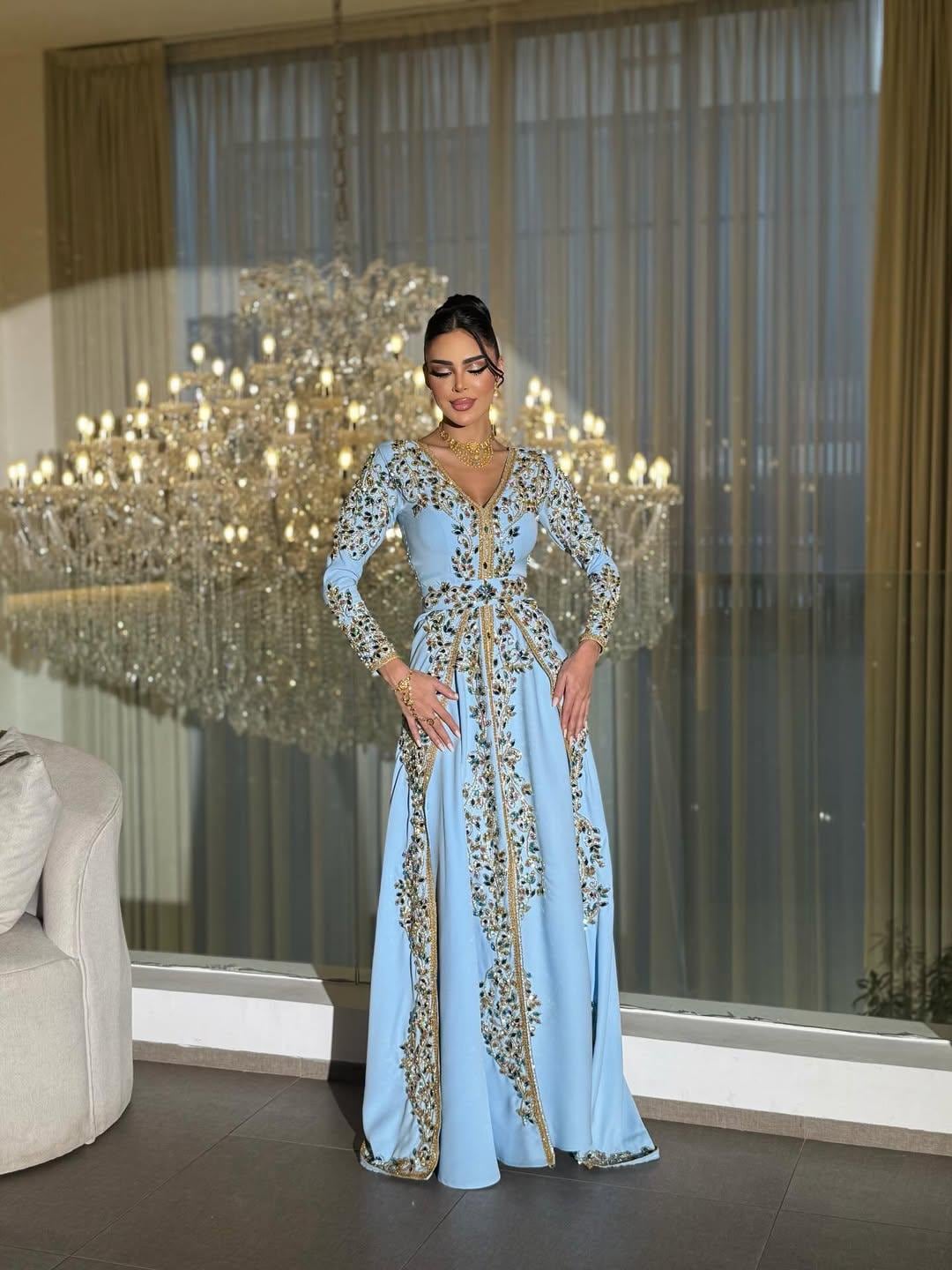 Sky Blue Embroidered Kaftan Dress, Luxury Beaded Evening Gown, Handmade Moroccan Caftan