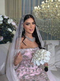 Blush Pink Embroidered Moroccan Bridal Kaftan, Luxury Wedding Dress with Veil
