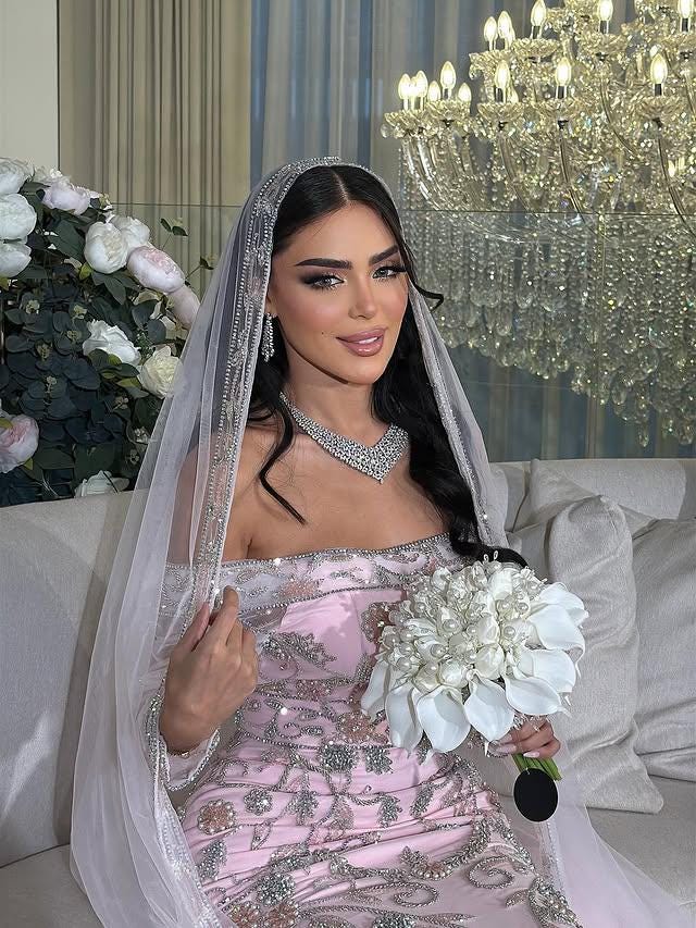 Blush Pink Embroidered Moroccan Bridal Kaftan, Luxury Wedding Dress with Veil