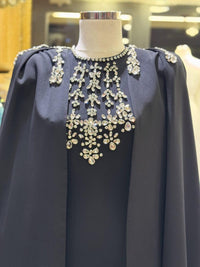 Royal Blue Crepe Maxi Dress, Cape Sleeve, Hand-Embroidered Neckline, Custom Bridal Gown