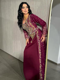 Luxury Maroon Moroccan Bridal Kaftan, Gold Embroidered Wedding Dress, Handmade Takchita