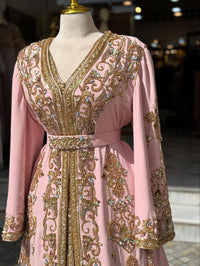 Dull Pink Moroccan Bridal Kaftan Takchita, Hand Embroidered Crepe Wedding Dress (Custom Made)