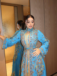 Turquoise Crepe Moroccan Kaftan Gold Embroidery | Luxury Wedding Guest Dress | Custom Arabic Caftan