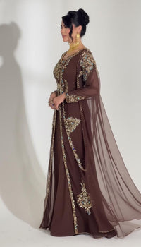 Luxury Moroccan Kaftan Dress | Brown Gold Embroidered Evening Gown, Bridal Caftan