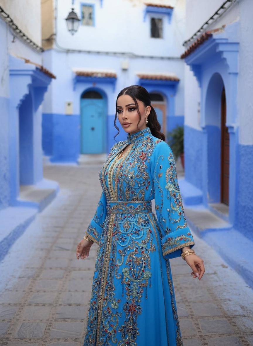 Turquoise Crepe Moroccan Kaftan Gold Embroidery | Luxury Wedding Guest Dress | Custom Arabic Caftan