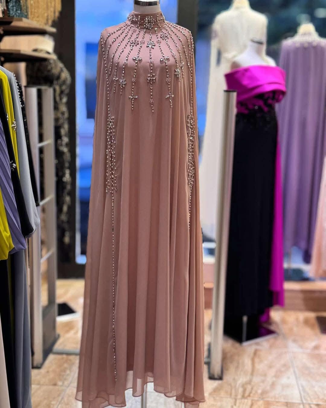 Zahyra Nude Pink Modest Maxi Dress, High Neck Cape Dress, Elegant Evening Gown, Luxury Crepe Dress, Formal Modest Wear