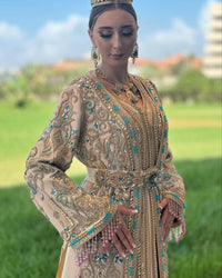 Ivory Moroccan Bridal Kaftan, Gold Embroidery, Custom Made Elegant Bride Gown