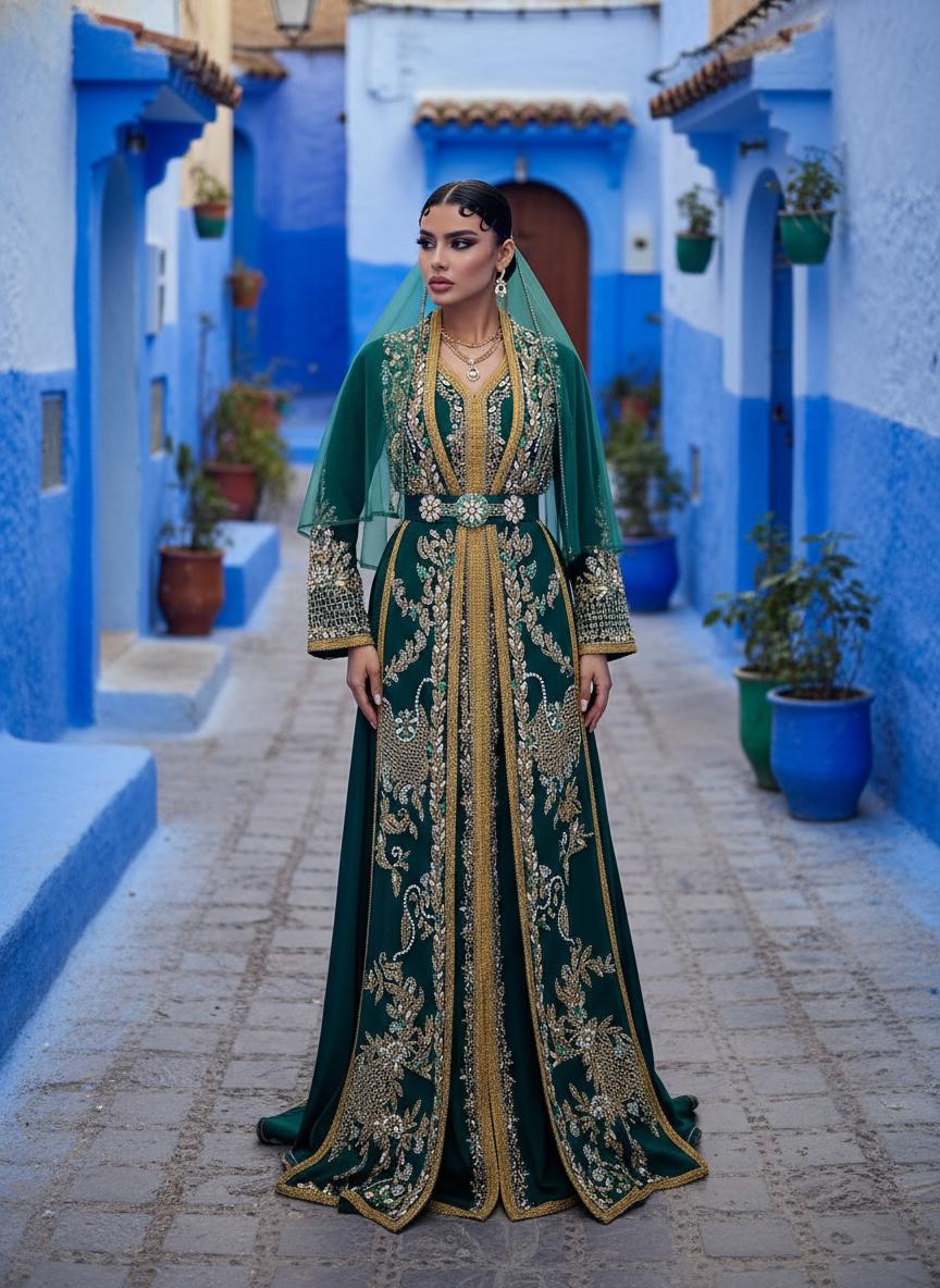 Emerald Green Moroccan Kaftan – Gold Embroidered Luxury Crepe Caftan – Henna Night, Engagement & Wedding Dress