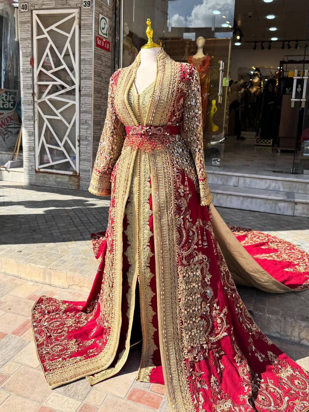 Handmade Moroccan Kaftan Red Gold | Heavy Embroidery Luxury Caftan | Custom Made Arabic Dress