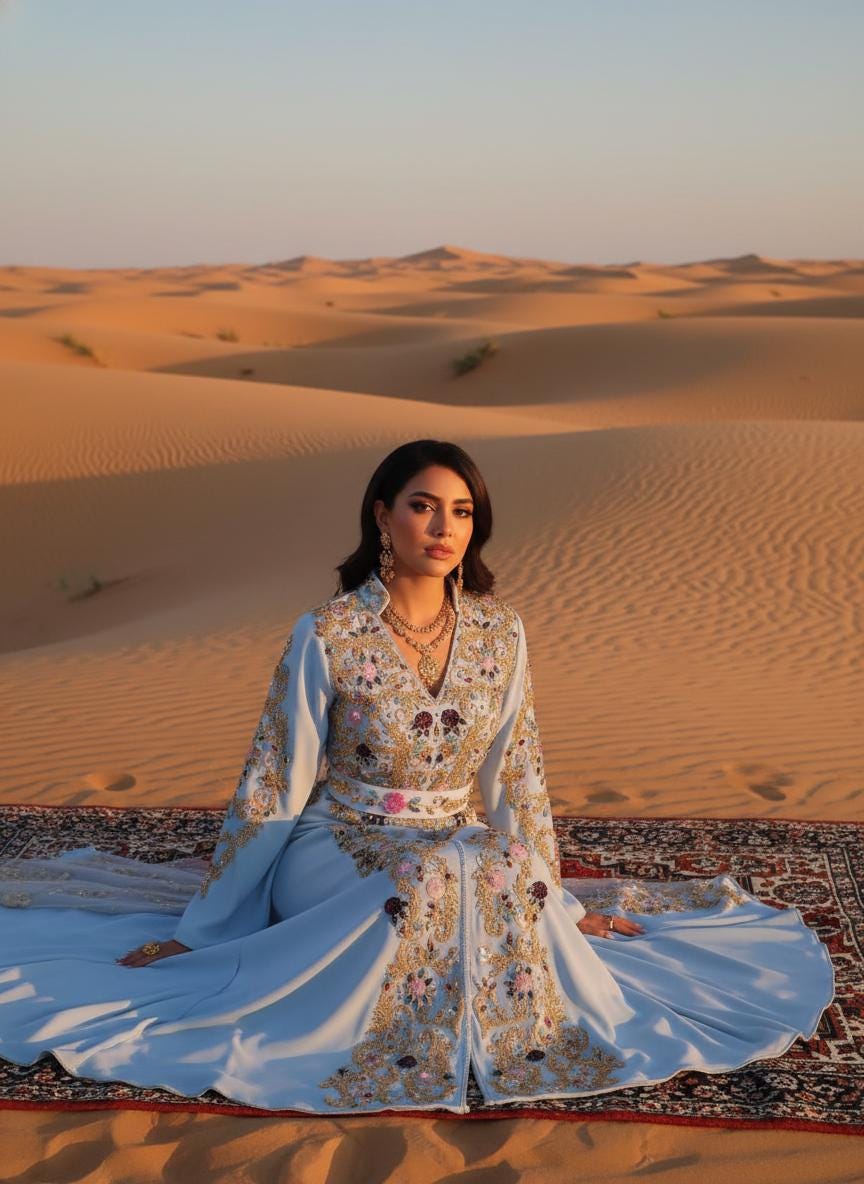 Powder Blue Moroccan Kaftan – Gold & Floral Hand Embroidered Caftan – Luxury Custom Wedding  Henna Dress