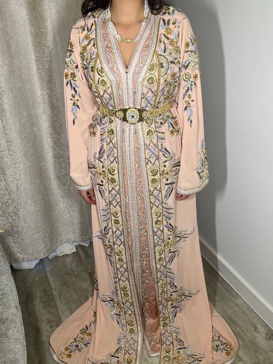 Blush Pink Moroccan Kaftan Dress | Luxury Gold Embroidery, Custom Made Bridal Wear