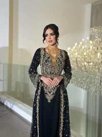 Black Moroccan Kaftan Dress with Gold Embroidery – Handmade Bridal Takchita