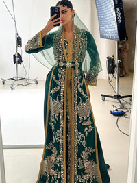 Emerald Green Moroccan Kaftan – Gold Embroidered Luxury Crepe Caftan – Henna Night, Engagement & Wedding Dress