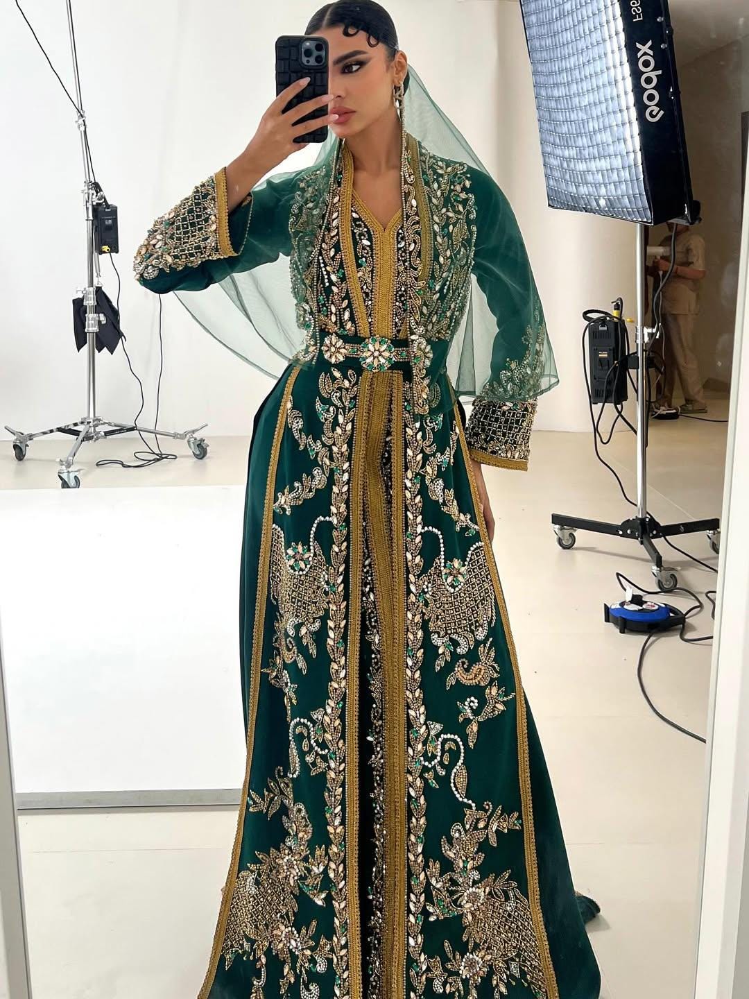 Emerald Green Moroccan Kaftan – Gold Embroidered Luxury Crepe Caftan – Henna Night, Engagement & Wedding Dress