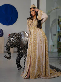 Handcrafted Moroccan Bridal Kaftan, Champagne Gold Embroidery, Royal Wedding Dress