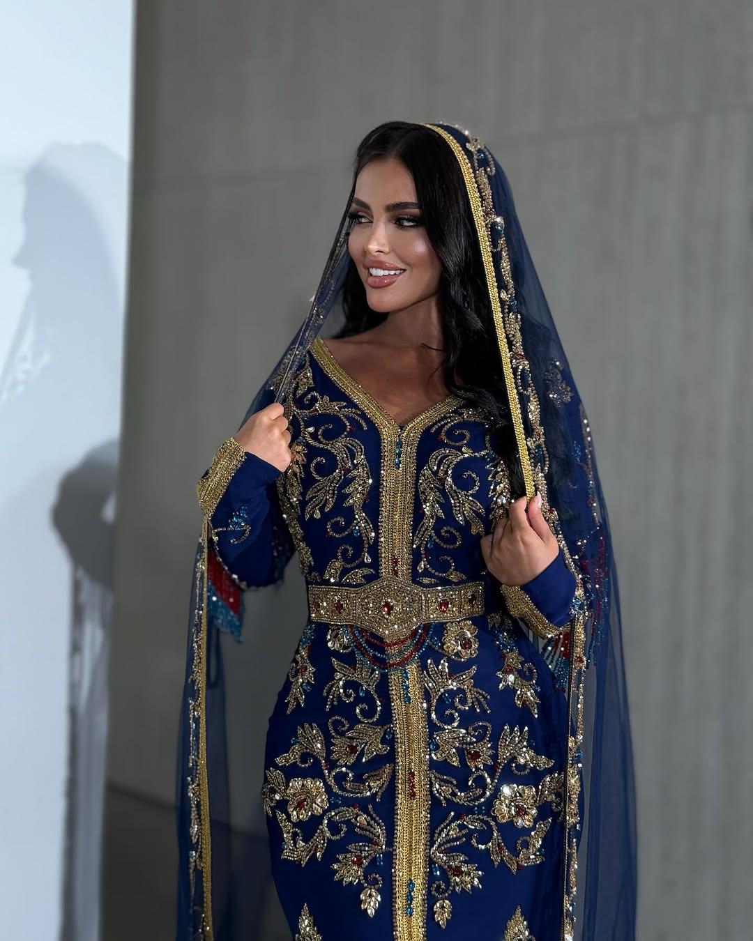 Royal Blue Moroccan Kaftan – Gold Embroidery Georgette Bridal Caftan with Veil