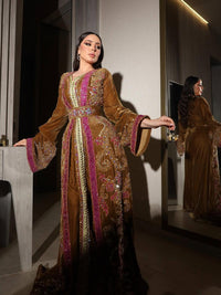 Luxury Velvet Moroccan Kaftan – Gold & Magenta Embroidered Bridal Caftan – Royal Wedding  Henna Dress