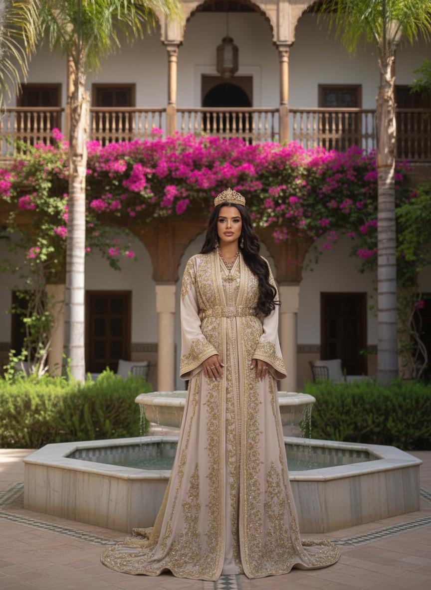 Handcrafted Moroccan Bridal Kaftan, Champagne Gold Embroidery, Royal Wedding Dress