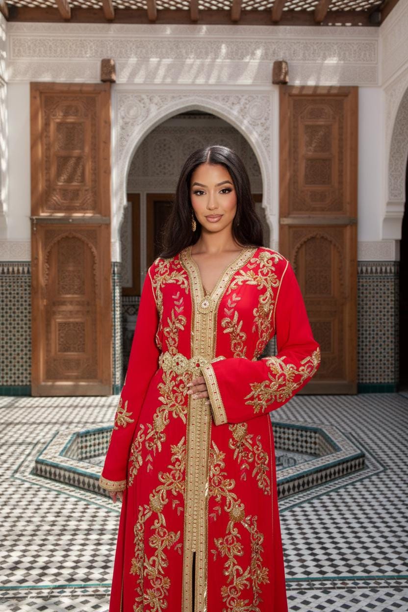Red Moroccan Kaftan Dress | Gold Embroidered Crepe Caftan | Eid Wedding Guest Outfit