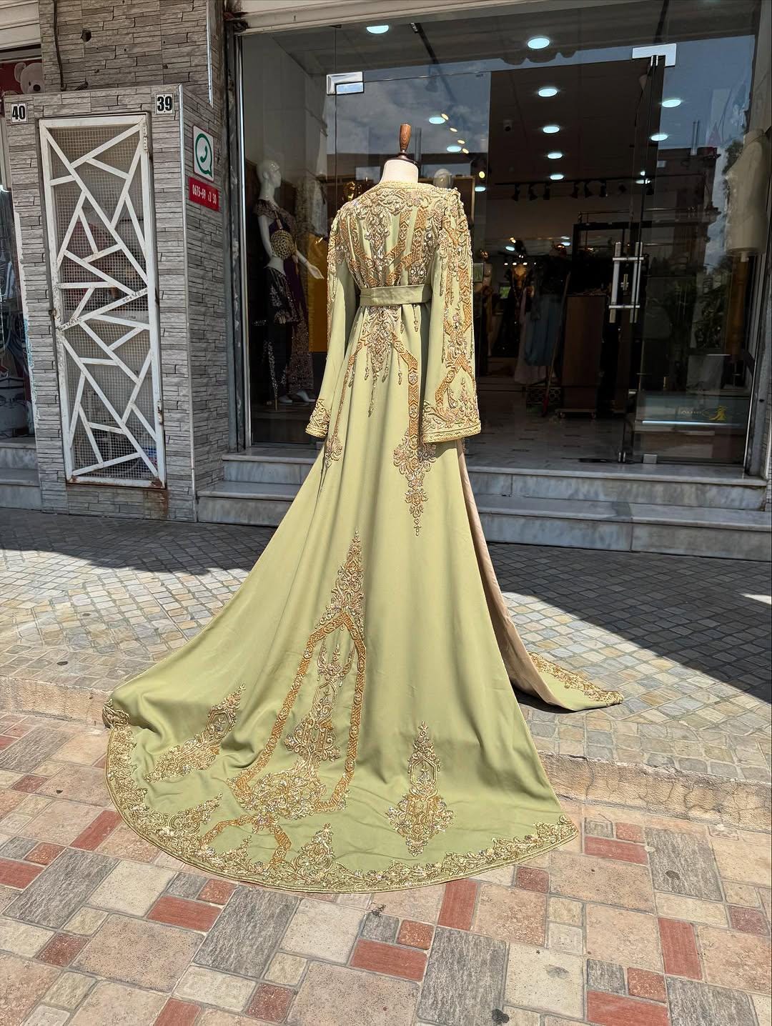 Linden Green Moroccan Bridal Kaftan, Hand-Embroidered Crepe Takchita Wedding Dress