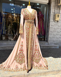 Dull Pink Moroccan Bridal Kaftan Takchita, Hand Embroidered Crepe Wedding Dress