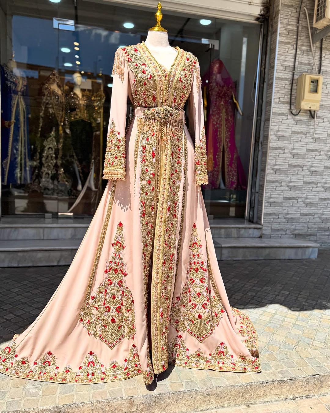 Dull Pink Moroccan Bridal Kaftan Takchita, Hand Embroidered Crepe Wedding Dress
