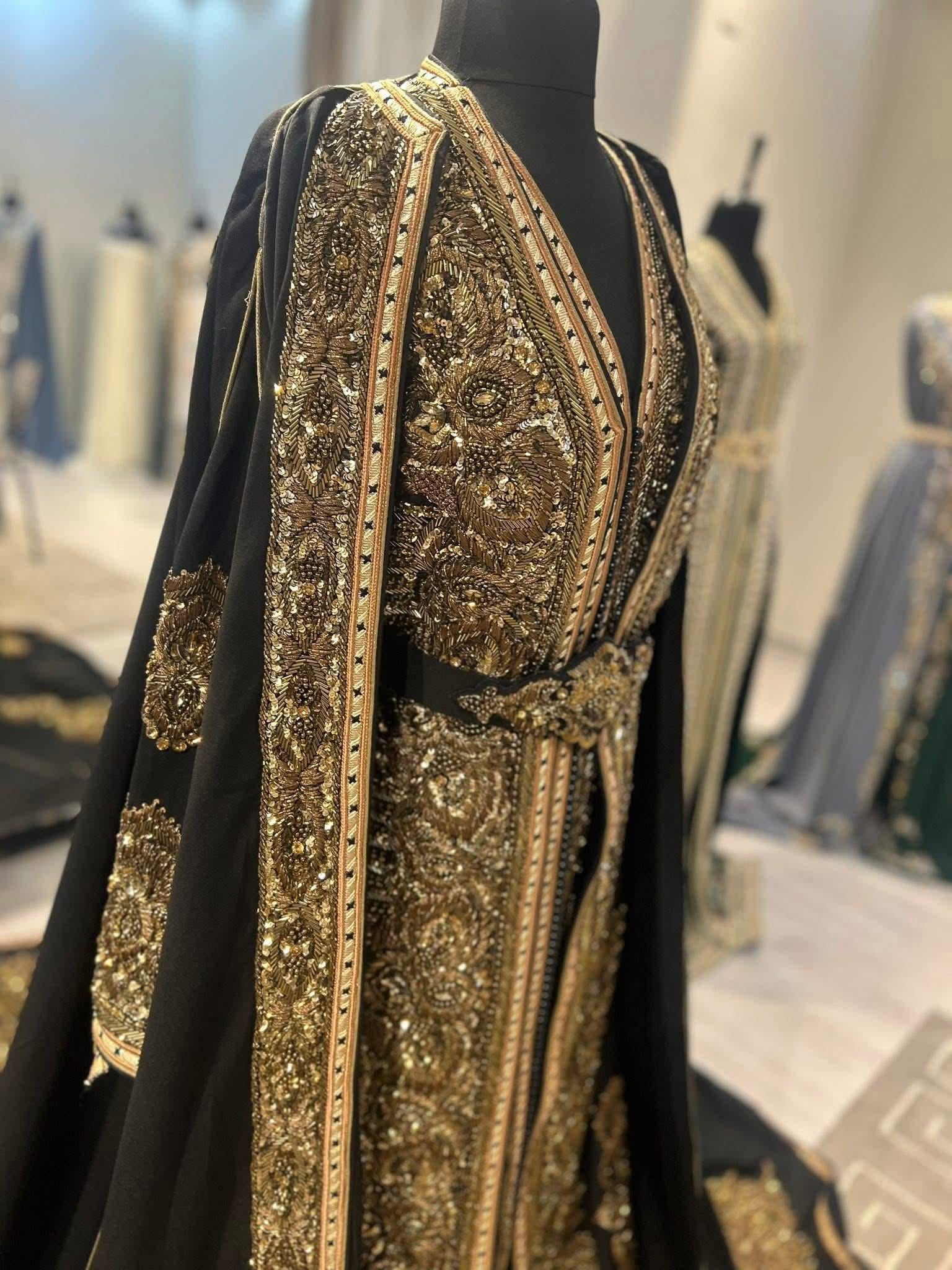 Black Luxury Crepe Kaftan Takchita, Hand Embroidered Bridal Wedding Outfit