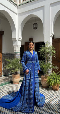 Blue Moroccan Bridal Kaftan Takchita, Hand Embroidered Crepe Wedding Dress