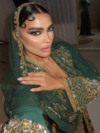 Emerald Green Moroccan Kaftan – Gold Embroidered Luxury Crepe Caftan – Henna Night, Engagement & Wedding Dress