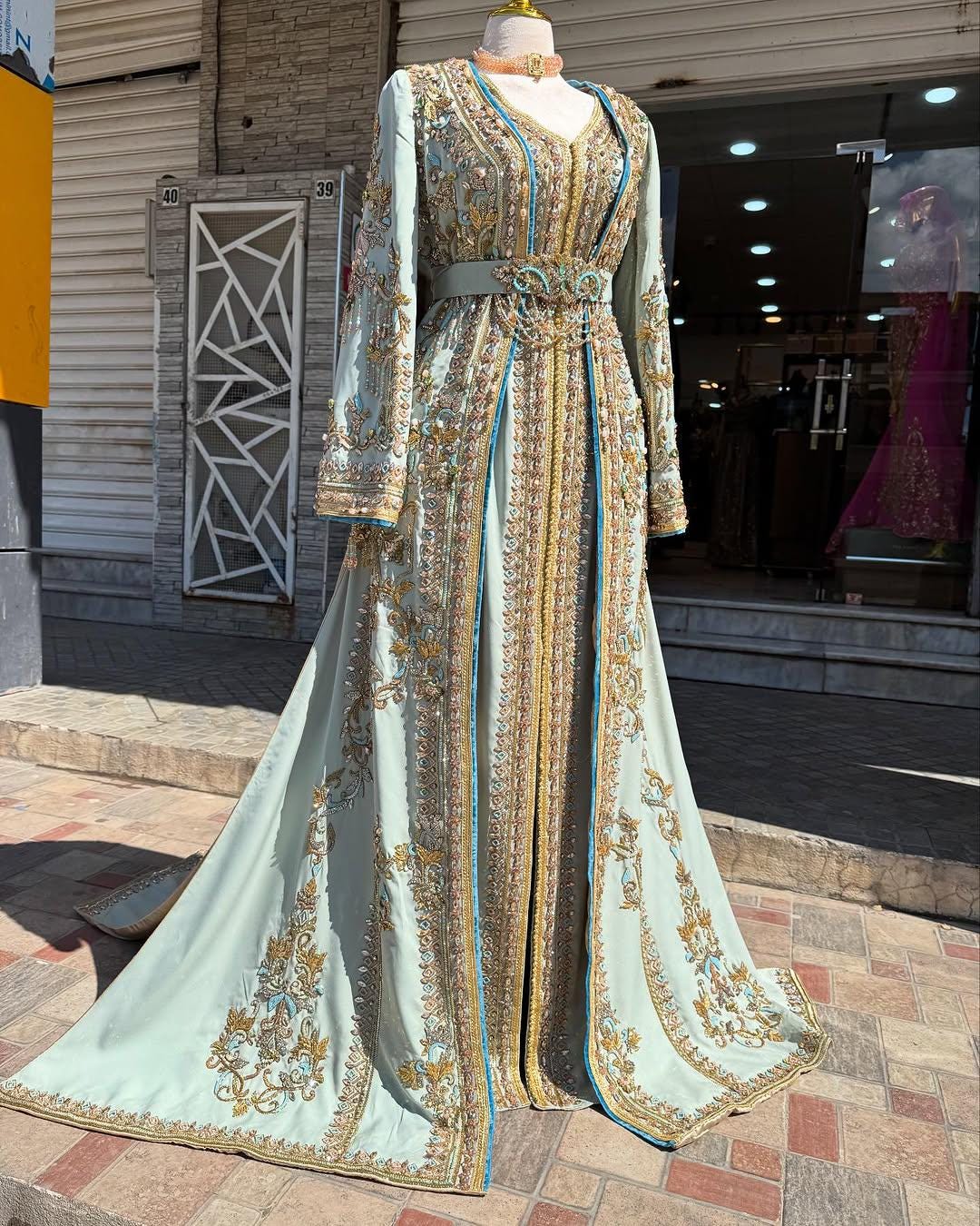 Pastel Blue Moroccan Bridal Kaftan Takchita, Luxury Crepe Hand-Embroidered Wedding Dress