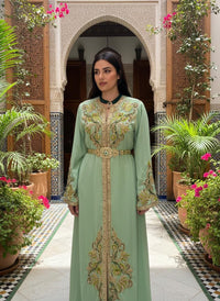 Mint Green Embroidered Moroccan Kaftan Dress | Luxury Crepe Dubai Style Caftan