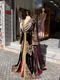 Luxury Burgundy Velvet Kaftan | Gold Embroidered Arabic Takchita Dress, Bridal Gown