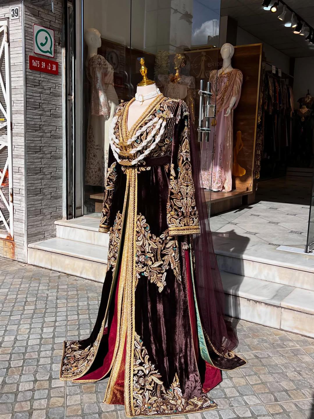 Luxury Burgundy Velvet Kaftan | Gold Embroidered Arabic Takchita Dress, Bridal Gown