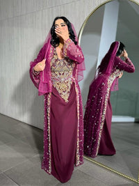 Luxury Maroon Moroccan Bridal Kaftan, Gold Embroidered Wedding Dress, Handmade Takchita