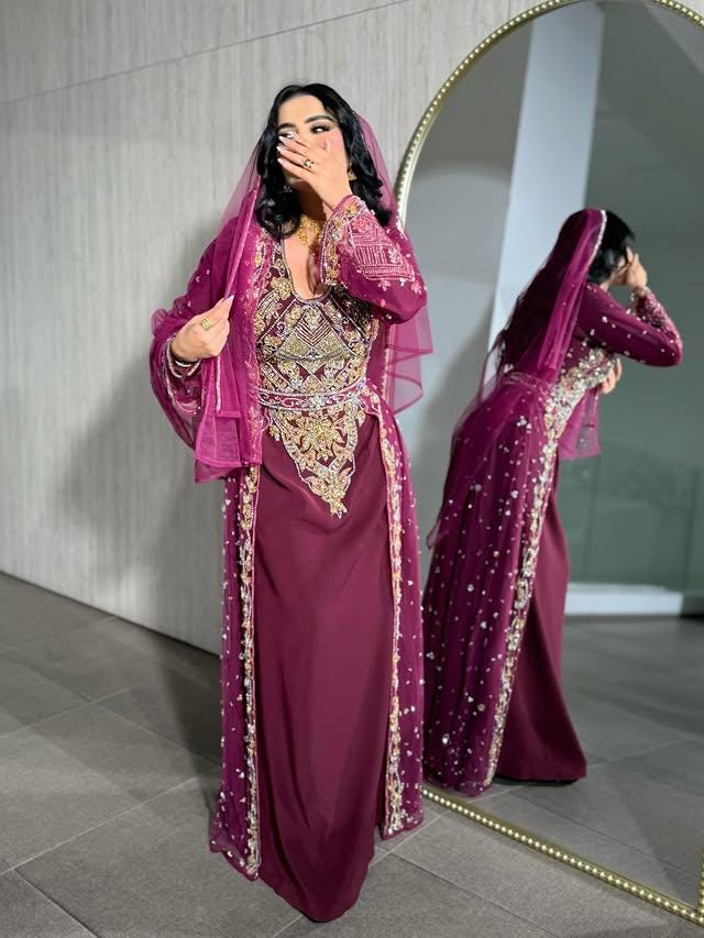 Luxury Maroon Moroccan Bridal Kaftan, Gold Embroidered Wedding Dress, Handmade Takchita