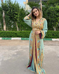 Handmade Mint Green Moroccan Bridal Kaftan, Gold Embroidered Crepe Takchita Dress