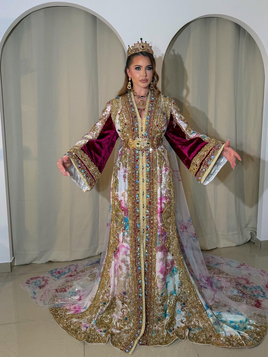 Royal Moroccan Bridal Kaftan, Luxury Silk Jacquard Wedding Dress, Hand Embroidered Couture Caftan