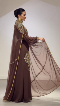 Luxury Moroccan Kaftan Dress | Brown Gold Embroidered Evening Gown, Bridal Caftan