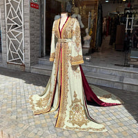 Mint Blue Moroccan Bridal Kaftan Takchita, Luxury Crepe Hand-Embroidered Wedding Nikkah Bride Outfit