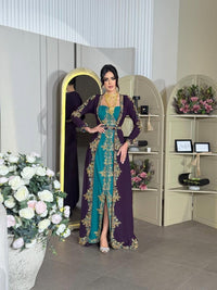 Luxury Moroccan Kaftan Dress | Green Purple Embroidered Arabic Gown (Custom Made)
