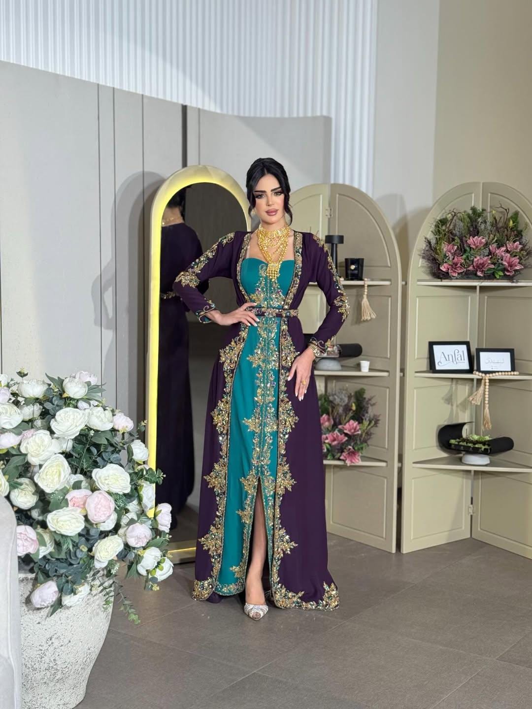 Luxury Moroccan Kaftan Dress | Green Purple Embroidered Arabic Gown (Custom Made)