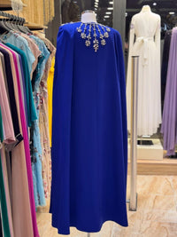 Royal Blue Crepe Maxi Dress, Cape Sleeve, Hand-Embroidered Neckline, Custom Bridal Gown