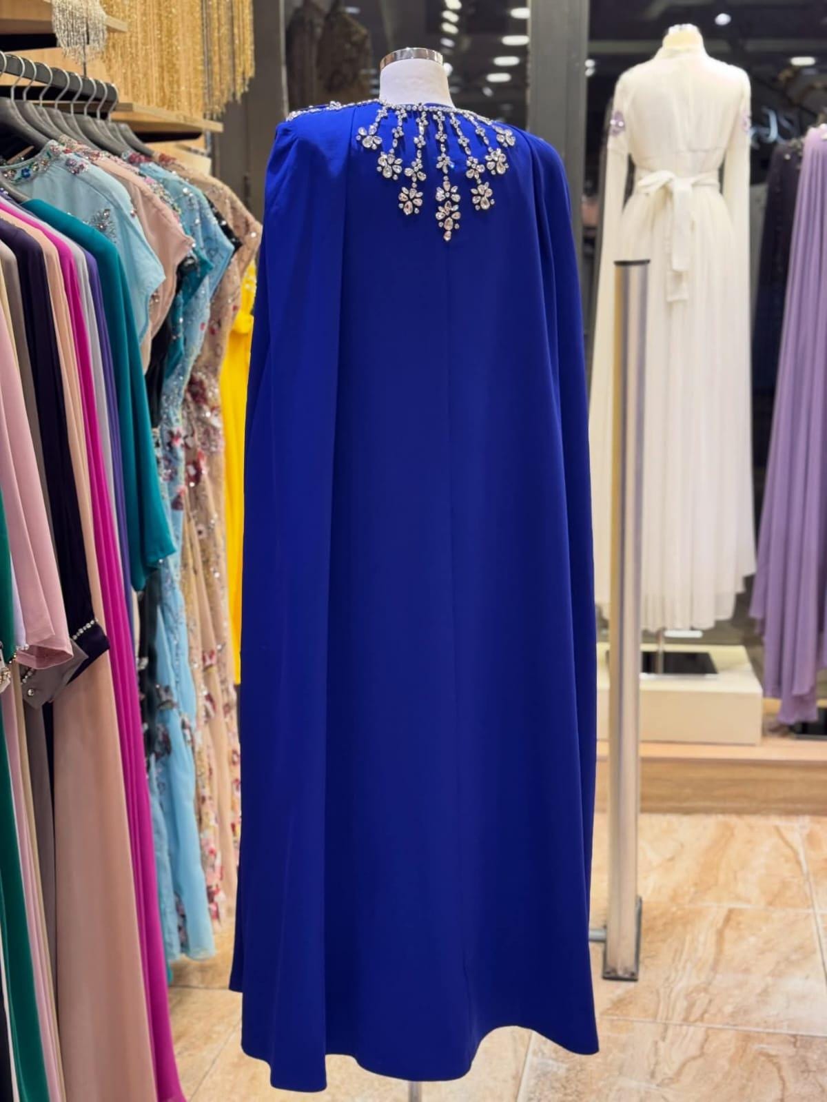 Royal Blue Crepe Maxi Dress, Cape Sleeve, Hand-Embroidered Neckline, Custom Bridal Gown