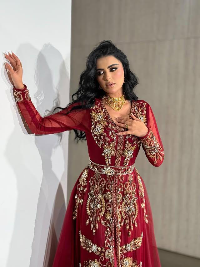 Red Moroccan Bridal Kaftan, Luxury Gold Embroidered Wedding Dress, Handcrafted Takchita