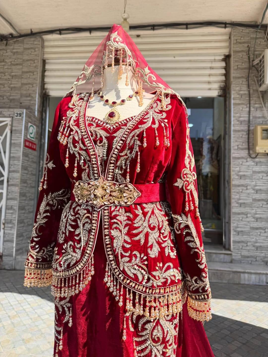 Red Velvet Moroccan Bridal Kaftan, Luxury Gold Embroidery, Royal Dubai Style Wedding Dress