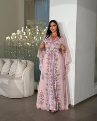 Blush Pink Moroccan Kaftan – Hand Embroidered Georgette Bridal Dress