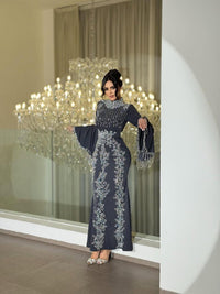Charcoal Grey Embroidered Kaftan Dress, Crystal Beaded Bell Sleeve Formal Gown