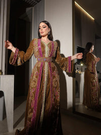 Luxury Velvet Moroccan Kaftan – Gold & Magenta Embroidered Bridal Caftan – Royal Wedding  Henna Dress